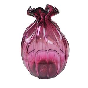Cranberry Pink Ribbed Pilgrim Glass Vase Ruffled Rim Hand Blown Bulbous Vessel